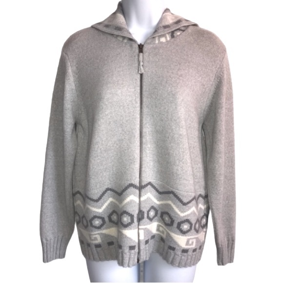 Aztec Tribal Print Gray & White thick full zip hooded sweater est sz M in EUC - Picture 1 of 14